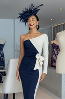 Laden Sie das Bild in den Galerie-Viewer, Schwarz-weißes Etui Eine Schulter Midi Mutter der Braut Kleid