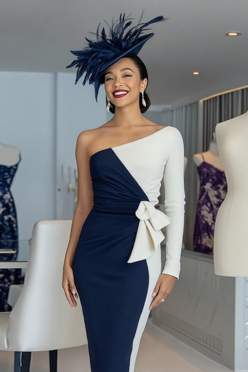 Laden Sie das Bild in den Galerie-Viewer, Schwarz-weißes Etui Eine Schulter Midi Mutter der Braut Kleid