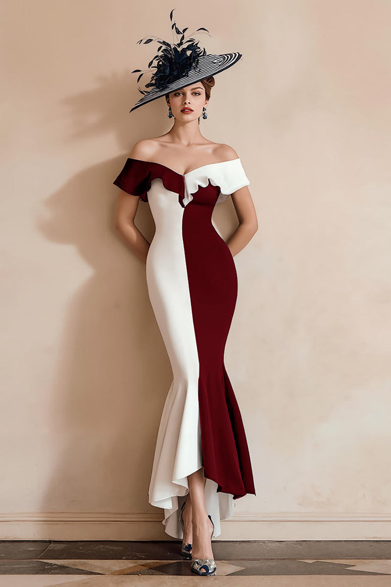 Laden Sie das Bild in den Galerie-Viewer, Schwarz-weiße Meerjungfrau Schulterfreies Gerüschtes Langes Brautmutterkleid