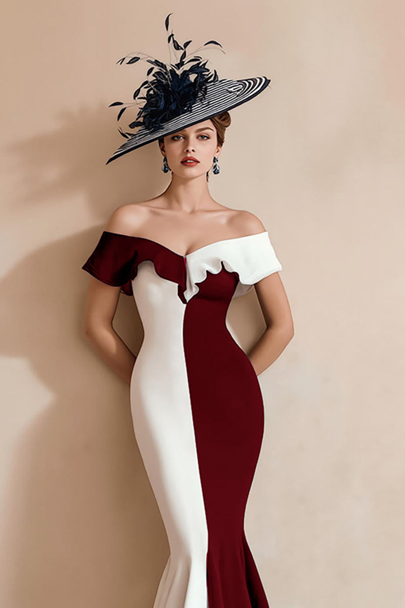 Laden Sie das Bild in den Galerie-Viewer, Schwarz-weiße Meerjungfrau Schulterfreies Gerüschtes Langes Brautmutterkleid