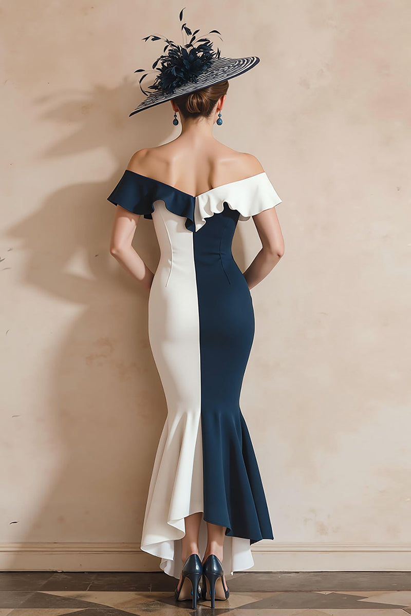 Laden Sie das Bild in den Galerie-Viewer, Schwarz-weiße Meerjungfrau Schulterfreies Gerüschtes Langes Brautmutterkleid