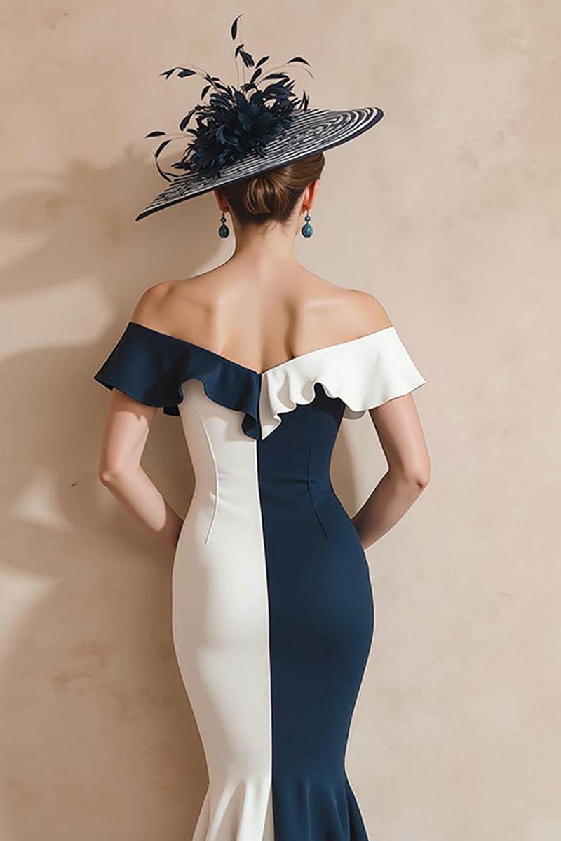 Laden Sie das Bild in den Galerie-Viewer, Schwarz-weiße Meerjungfrau Schulterfreies Gerüschtes Langes Brautmutterkleid