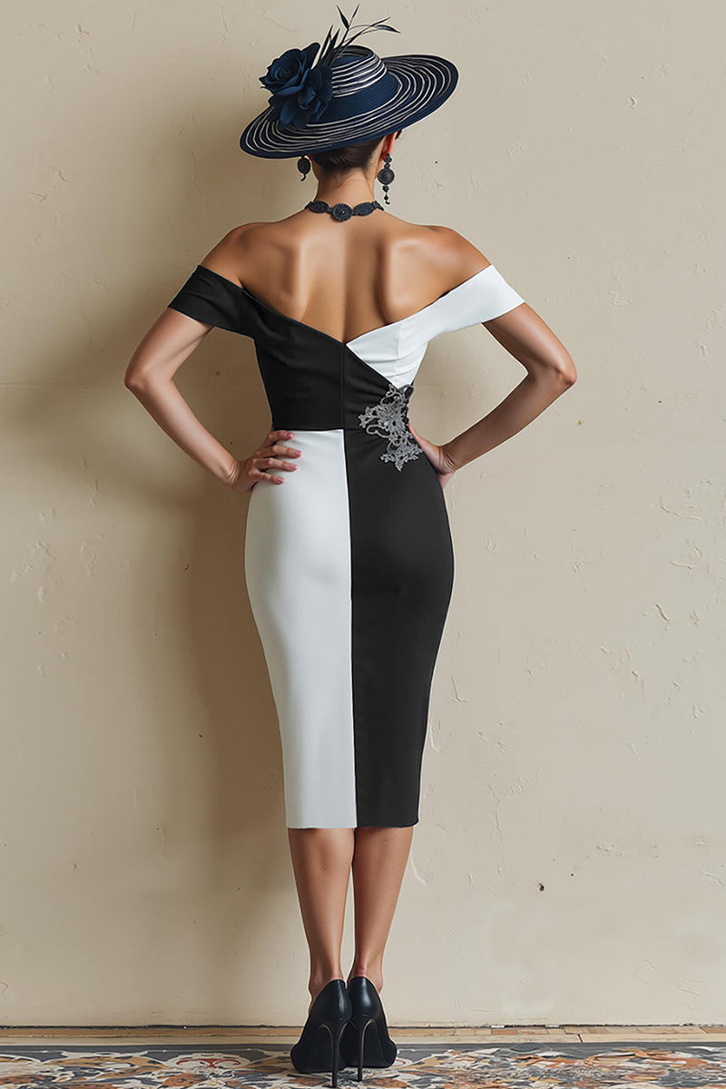 Laden Sie das Bild in den Galerie-Viewer, Schwarz-Weißes Schulterfreies Bodycon Midi Kleid für die Brautmutter mit Schlitz