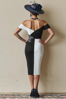 Schwarz-Weißes Schulterfreies Bodycon Midi Kleid für die Brautmutter mit Schlitz