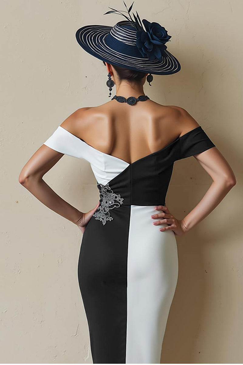 Laden Sie das Bild in den Galerie-Viewer, Schwarz-Weißes Schulterfreies Bodycon Midi Kleid für die Brautmutter mit Schlitz