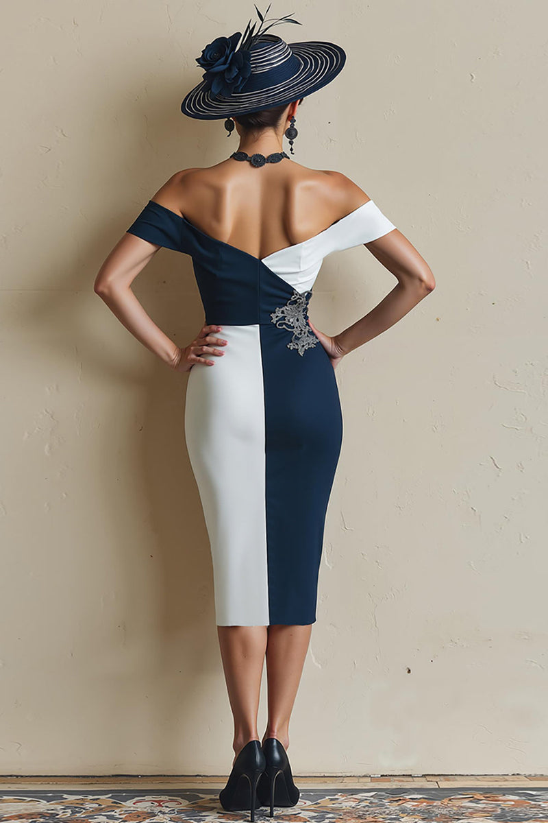 Laden Sie das Bild in den Galerie-Viewer, Schwarz-Weißes Schulterfreies Bodycon Midi Kleid für die Brautmutter mit Schlitz
