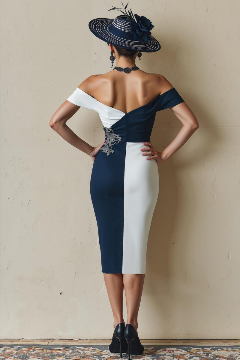 Laden Sie das Bild in den Galerie-Viewer, Schwarz-Weißes Schulterfreies Bodycon Midi Kleid für die Brautmutter mit Schlitz