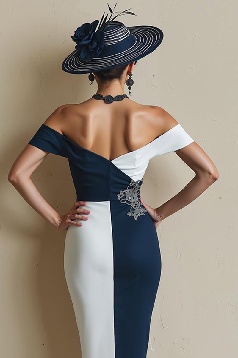 Laden Sie das Bild in den Galerie-Viewer, Schwarz-Weißes Schulterfreies Bodycon Midi Kleid für die Brautmutter mit Schlitz