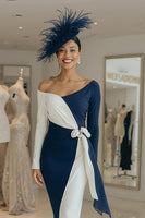 Laden Sie das Bild in den Galerie-Viewer, Schwarz-Weißes Langärmeliges Bleistift Midi Kleid für die Brautmutter mit Schärpe