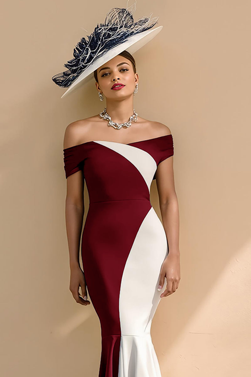 Laden Sie das Bild in den Galerie-Viewer, Schwarz-weißes Satin Meerjungfrauen Schulterfreies Langes Kleid für die Brautmutter