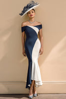 Laden Sie das Bild in den Galerie-Viewer, Schwarz-weißes Satin Meerjungfrauen Schulterfreies Langes Kleid für die Brautmutter