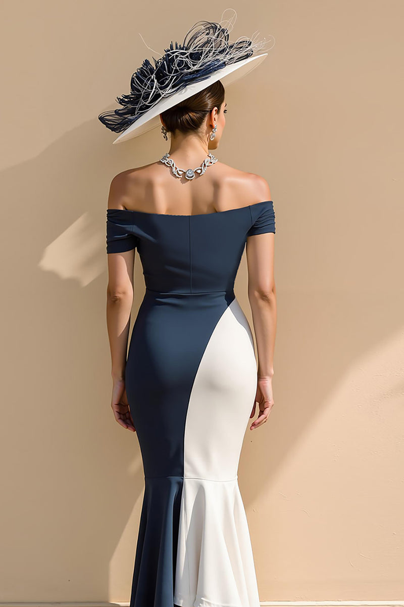 Laden Sie das Bild in den Galerie-Viewer, Schwarz-weißes Satin Meerjungfrauen Schulterfreies Langes Kleid für die Brautmutter