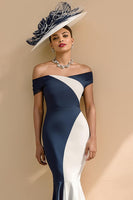 Laden Sie das Bild in den Galerie-Viewer, Schwarz-weißes Satin Meerjungfrauen Schulterfreies Langes Kleid für die Brautmutter