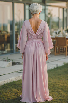 Dusty Rose Chiffon Langes Mutterkleid der Braut mit V-Ausschnitt und halben Ärmeln