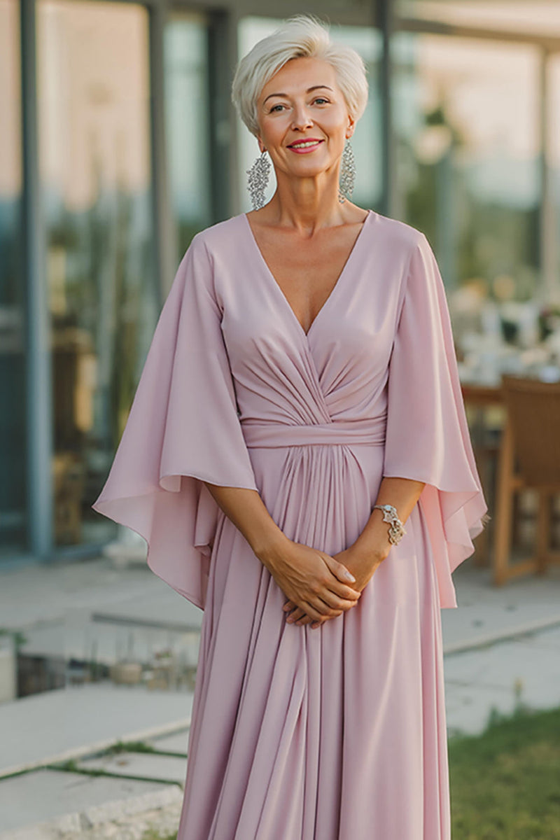 Laden Sie das Bild in den Galerie-Viewer, Dusty Rose Chiffon Langes Mutterkleid der Braut mit V-Ausschnitt und halben Ärmeln