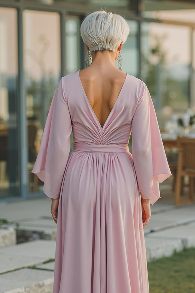 Laden Sie das Bild in den Galerie-Viewer, Dusty Rose Chiffon Langes Mutterkleid der Braut mit V-Ausschnitt und halben Ärmeln