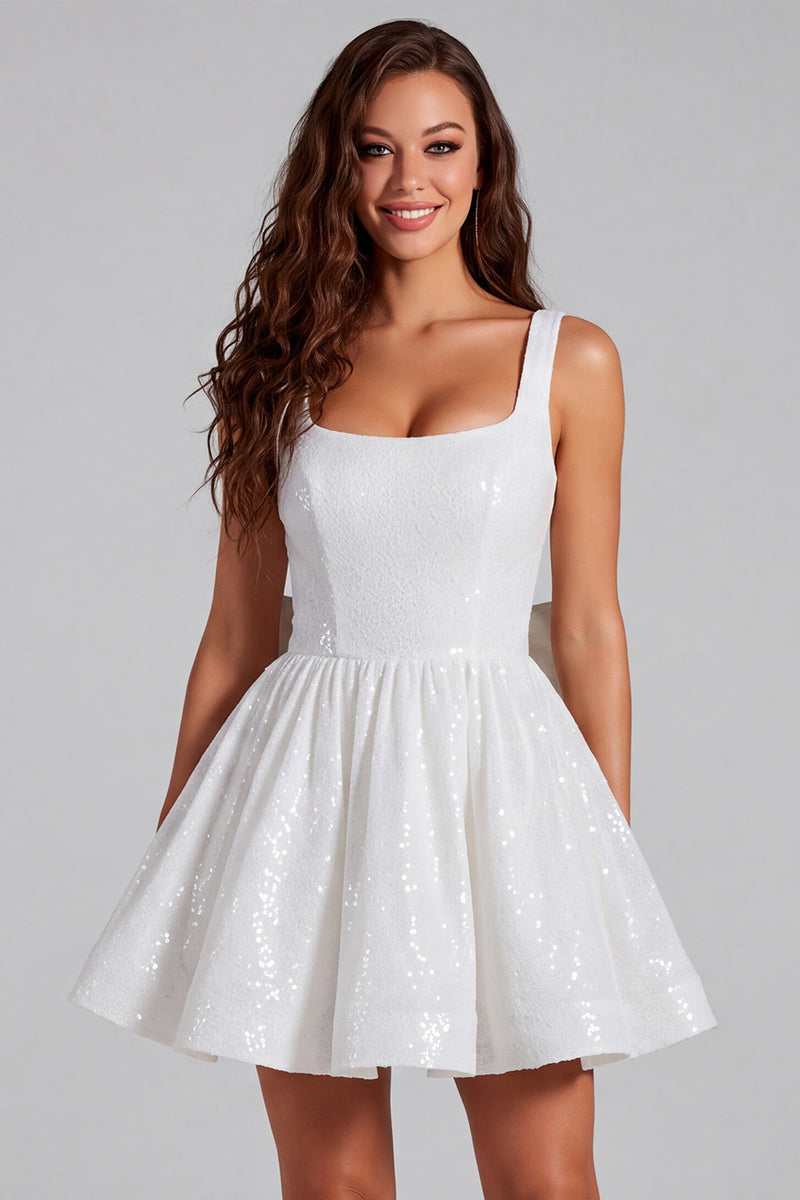Laden Sie das Bild in den Galerie-Viewer, Glitzerndes A-Linie Pailletten Cocktailkleid mit quadratischem Ausschnitt und riesiger Schleife hinten