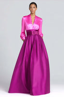 Laden Sie das Bild in den Galerie-Viewer, Fuchsia Langes A-Linie V-Ausschnitt Ballkleid aus Satin mit Ärmeln