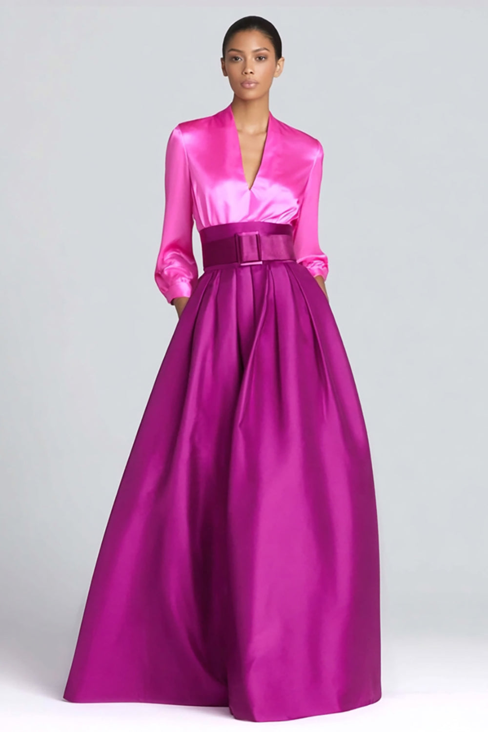 Fuchsia Langes A-Linie V-Ausschnitt Ballkleid aus Satin mit Ärmeln