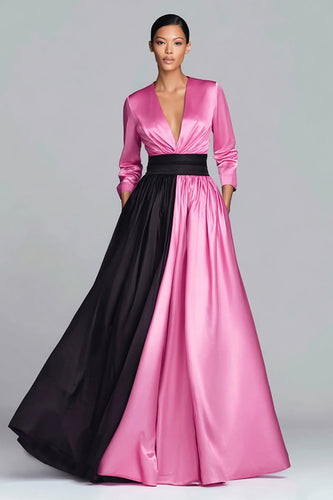 Schwarz Fuchsia Langärmeliges Abendkleid mit V-Ausschnitt in A-Linie