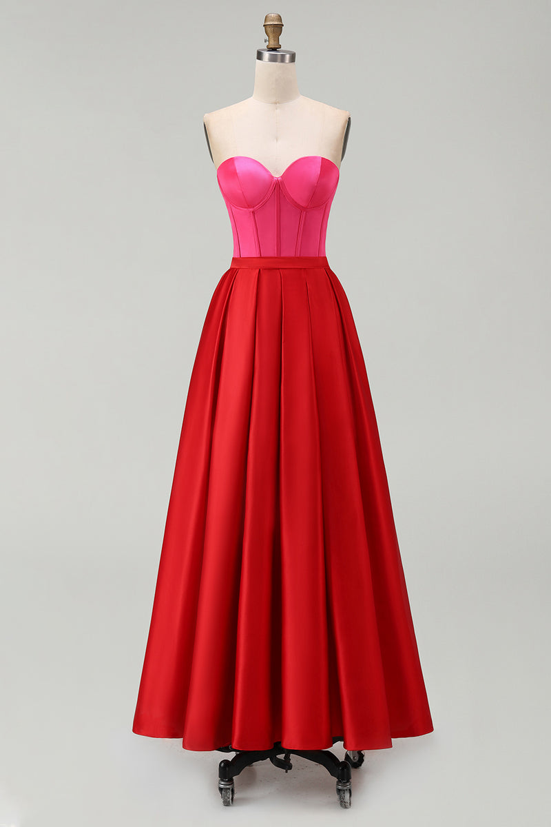Laden Sie das Bild in den Galerie-Viewer, A-Linie Trägerloses Rotes und Fuchsia Korsett Abendkleid