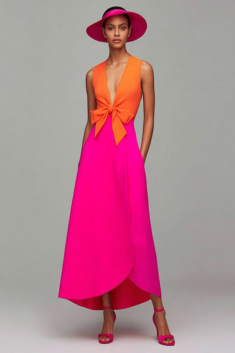 Orange und Fuchsia A-Linie Abendkleid mit V-Ausschnitt