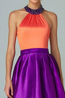 Laden Sie das Bild in den Galerie-Viewer, Glitzerndes Orange und Lila A-Linie Neckholder Hoch Niedrig Ballkleid mit Perlenstickerei