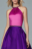 Laden Sie das Bild in den Galerie-Viewer, Glitzerndes Fuchsia und Lila Hoch Niedrig Neckholder Ballkleid mit Perlen