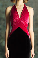 Laden Sie das Bild in den Galerie-Viewer, Schwarz Fuchsia Langes Meerjungfrauen Neckholder Ballkleid aus Samt