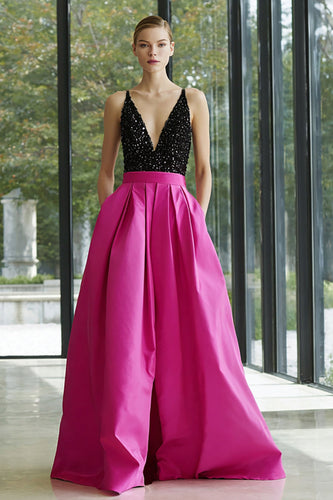 Glitzerndes Schwarz Fuchsia A-Linie Satin Ballkleid mit tiefem V-Ausschnitt und Taschen