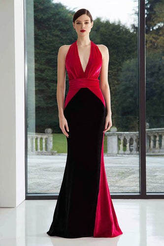 Schwarz Fuchsia Langes Meerjungfrau Patchwork Abendkleid aus Samt