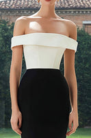 Laden Sie das Bild in den Galerie-Viewer, Einfaches Schwarz-weißes Patchwork Meerjungfrauen Schulterfreies Langes Ballkleid