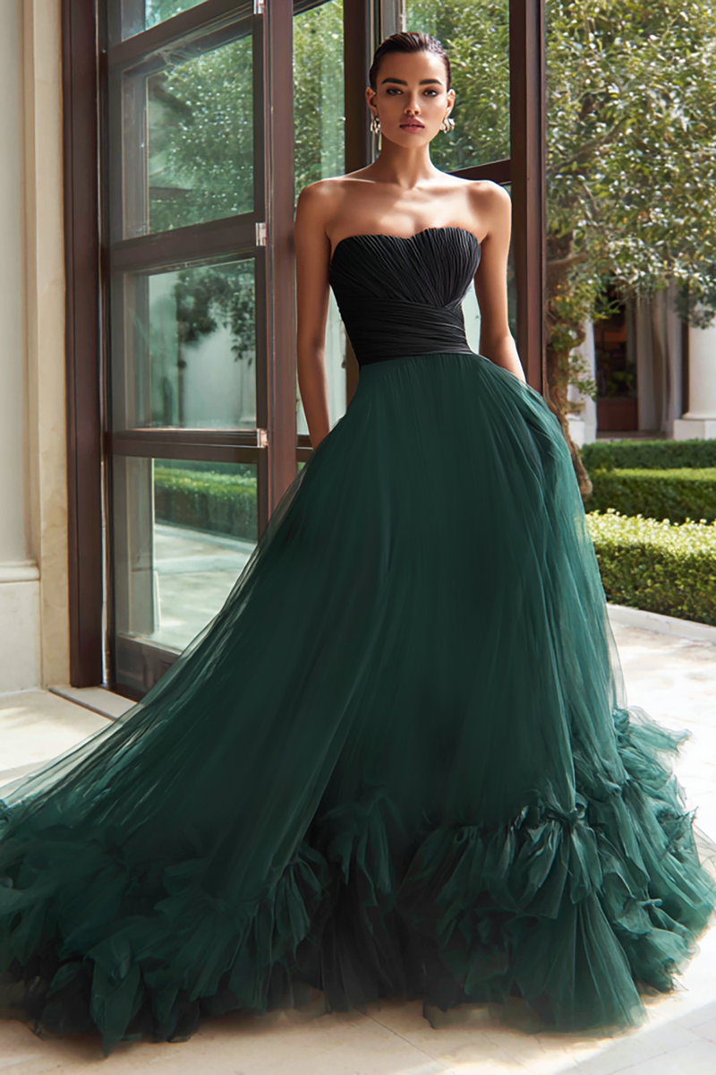 Laden Sie das Bild in den Galerie-Viewer, Schwarzes und Grünes Trägerloses Langes Ballkleid aus Tüll in A-Linie