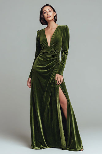 Olive Langes V-Ausschnitt Ballkleid aus Samt mit Rüschen und Schlitz