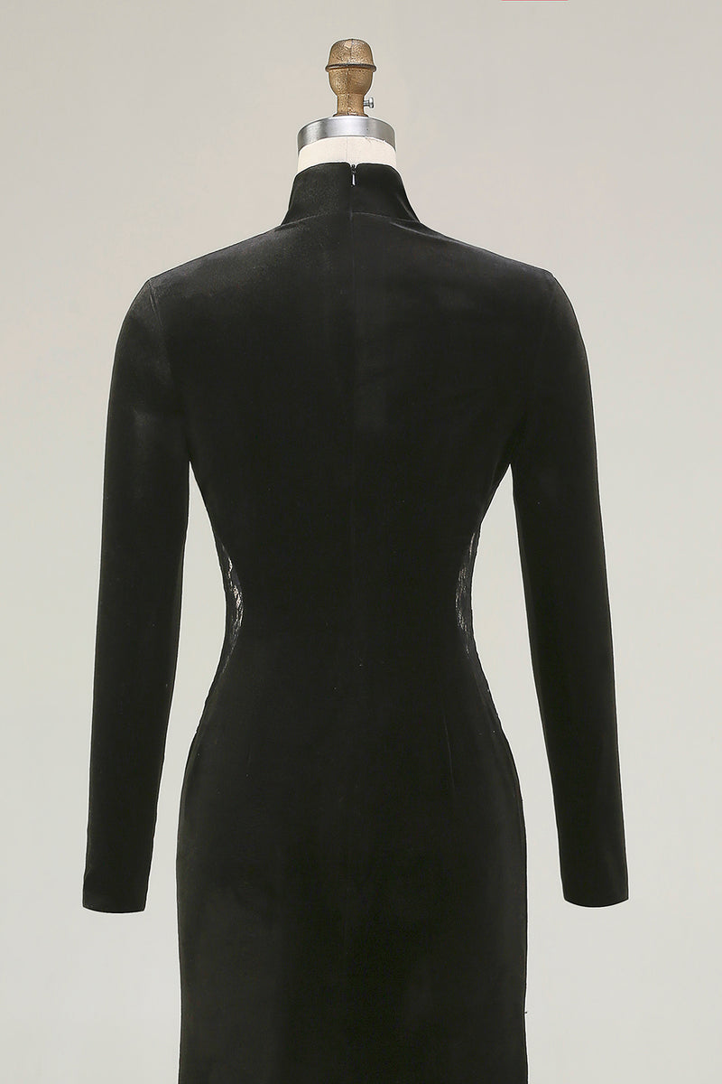 Laden Sie das Bild in den Galerie-Viewer, Schwarzes Meerjungfrauen Samt Ballkleid mit hohem Ausschnitt und Spitze