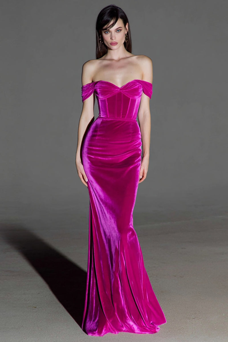 Laden Sie das Bild in den Galerie-Viewer, Fuchsia Korsett Schulterfreies Meerjungfrauen Maxi Ballkleid aus Samt