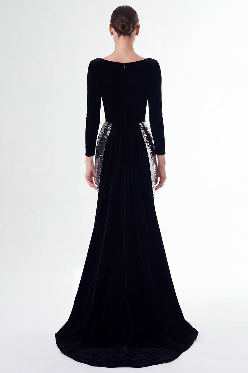 Laden Sie das Bild in den Galerie-Viewer, Schwarzes und Silbernes Etui Ballkleid aus Samt mit langen Ärmeln und Pailletten