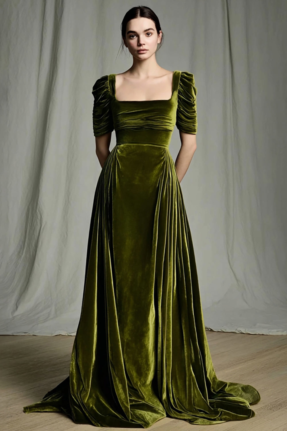 Olive A-Linie Langes Samt Ballkleid mit quadratischem Ausschnitt