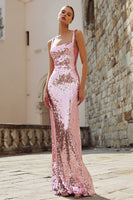 Laden Sie das Bild in den Galerie-Viewer, Glitzerndes Rosa Meerjungfrauen Pailletten Quadrathals Langes Ballkleid