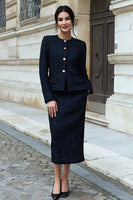 Laden Sie das Bild in den Galerie-Viewer, Schwarzes Tweed 2-teiliges Bleistift-Midi-Arbeitskleid mit langen Ärmeln