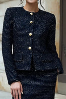 Laden Sie das Bild in den Galerie-Viewer, Schwarzes Tweed 2-teiliges Bleistift-Midi-Arbeitskleid mit langen Ärmeln