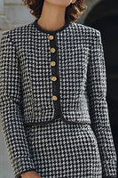 Laden Sie das Bild in den Galerie-Viewer, Graues Mix 2-teiliges Einreihiges Bleistift Midi Arbeitskleid aus Tweed