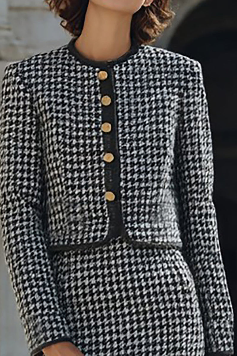 Laden Sie das Bild in den Galerie-Viewer, Graues Mix 2-teiliges Einreihiges Bleistift Midi Arbeitskleid aus Tweed