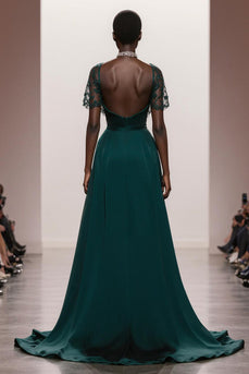 A-Linie Dunkelgrünes Kurzarm Abendkleid