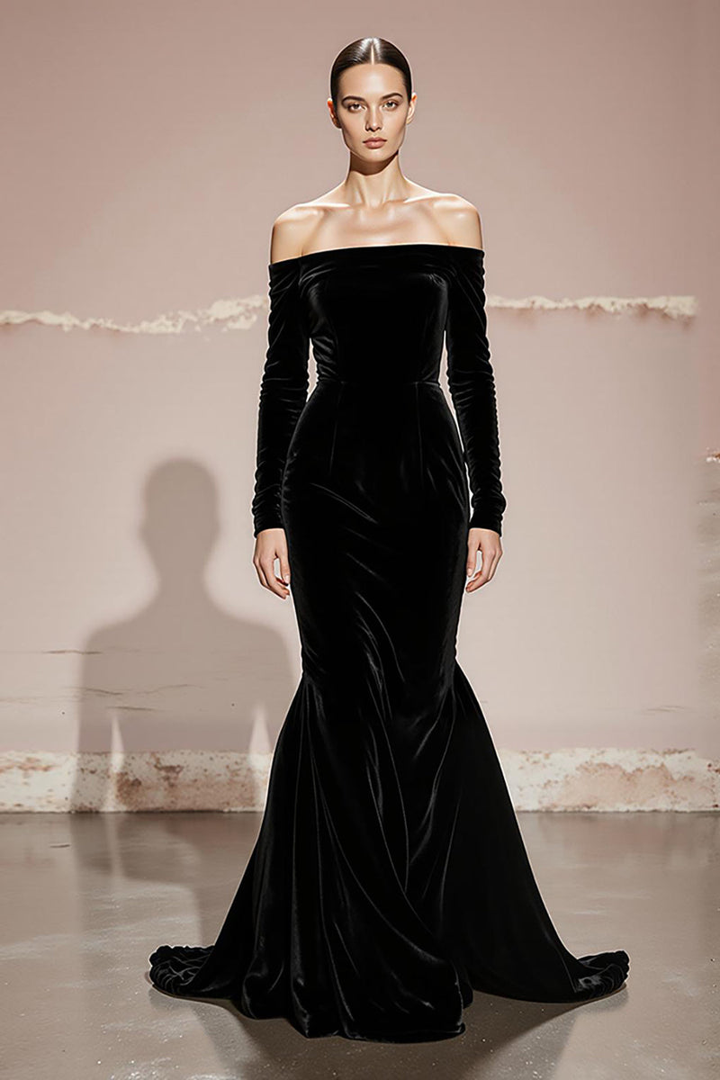 Laden Sie das Bild in den Galerie-Viewer, Schwarzes Meerjungfrau Schulterfreies Abendkleid aus Samt