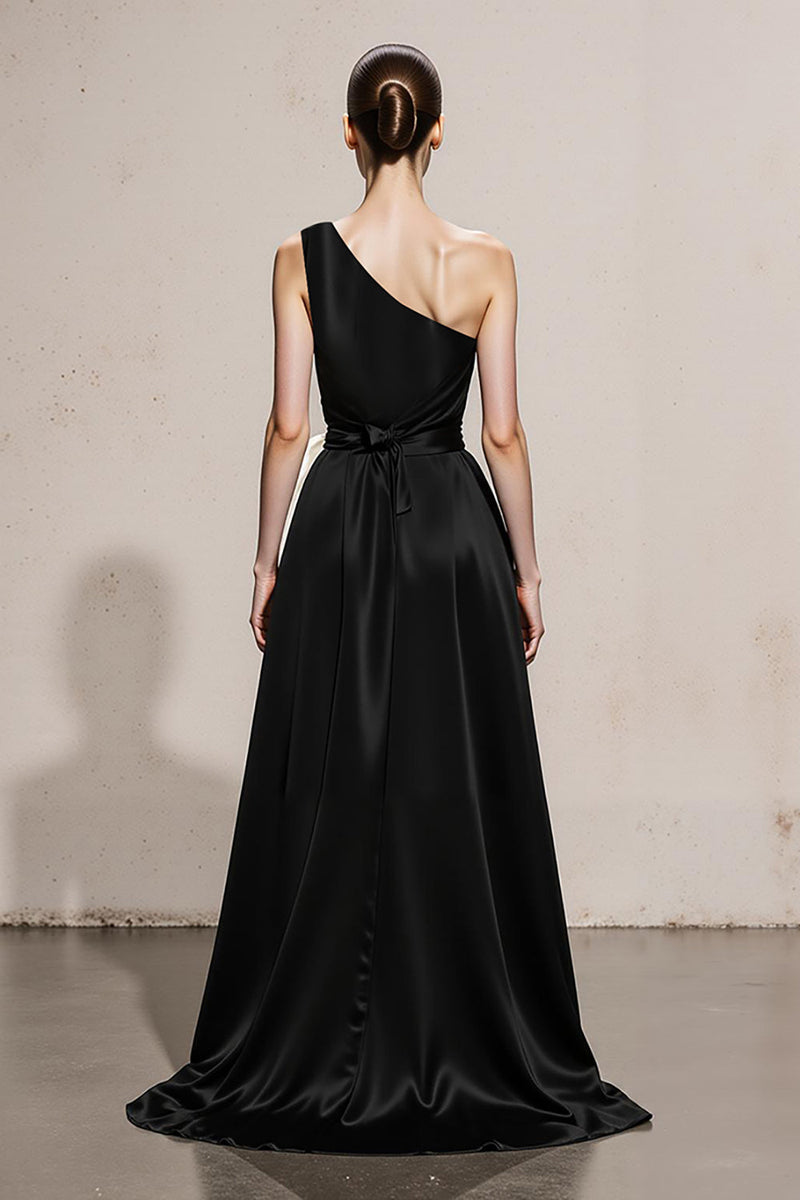 Laden Sie das Bild in den Galerie-Viewer, Schwarz-weißes A-Linie Eine Schulter Abendkleid aus Satin