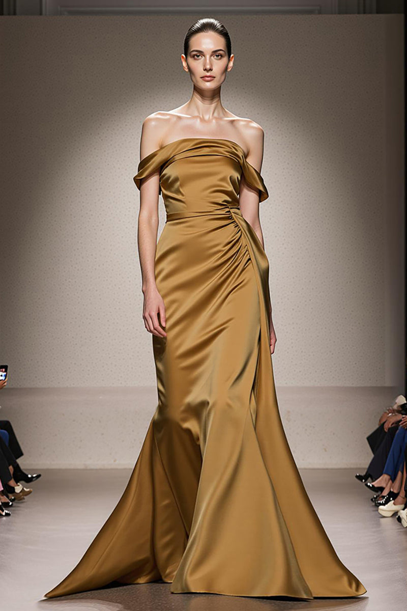 Laden Sie das Bild in den Galerie-Viewer, Gelbes Meerjungfrauen Satin Schulterfreies Langes Ballkleid