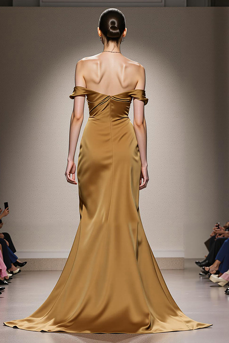 Laden Sie das Bild in den Galerie-Viewer, Gelbes Meerjungfrauen Satin Schulterfreies Langes Ballkleid