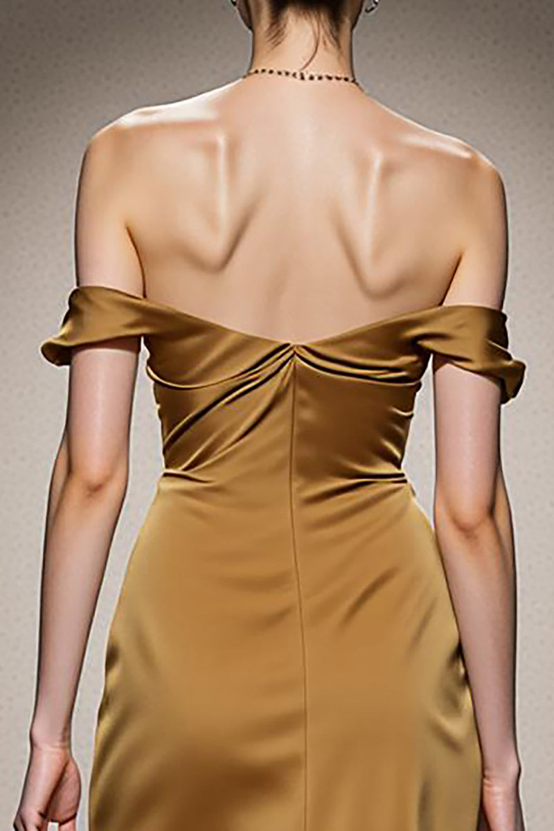 Laden Sie das Bild in den Galerie-Viewer, Gelbes Meerjungfrauen Satin Schulterfreies Langes Ballkleid