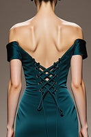 Laden Sie das Bild in den Galerie-Viewer, Pfauenblaues Schulterfreies Etui Ballkleid aus Satin